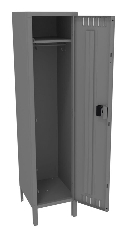 vrnw6zkohyrpyppedlqs.jpg An open gray metal locker standing upright, featuring a single door on the right side. Inside, there is a shelf at the top and a metal rod for hanging items. The locker sits on four legs, and the door has ventilation slits and a lock mechanism.