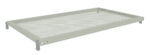 Illustration of a rectangular perforated metal shelf with a pale green finish and four corner brackets for mounting. The shelf is viewed at an angle, highlighting its flat surface and evenly spaced circular holes.
