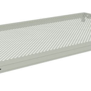 Illustration of a rectangular perforated metal shelf with a pale green finish and four corner brackets for mounting. The shelf is viewed at an angle, highlighting its flat surface and evenly spaced circular holes.