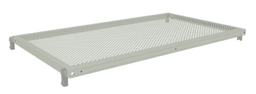 Illustration of a rectangular perforated metal shelf with a pale green finish and four corner brackets for mounting. The shelf is viewed at an angle, highlighting its flat surface and evenly spaced circular holes.