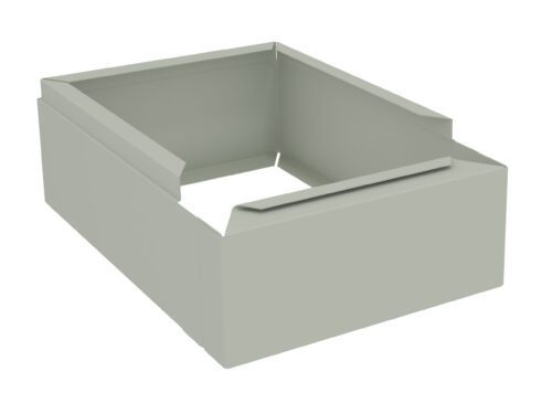 Rectangular, light gray vent or duct connector with open sides and a flap on the top edge extends outward. Appears to be made of metal and has a smooth finish.