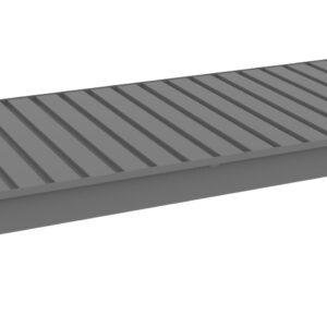 A long, flat, gray metal panel with a ribbed surface and rectangular shape. The panel has small attachment brackets on each corner, suggesting it is designed for structural or industrial use.