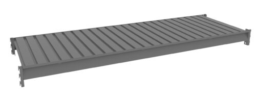 A long, flat, gray metal panel with a ribbed surface and rectangular shape. The panel has small attachment brackets on each corner, suggesting it is designed for structural or industrial use.