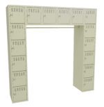 A set of beige lockers arranged in a U-shape. There are two vertical columns with multiple square compartments, connected by a horizontal row of lockers at the top. Each locker has a keyhole and a label holder.