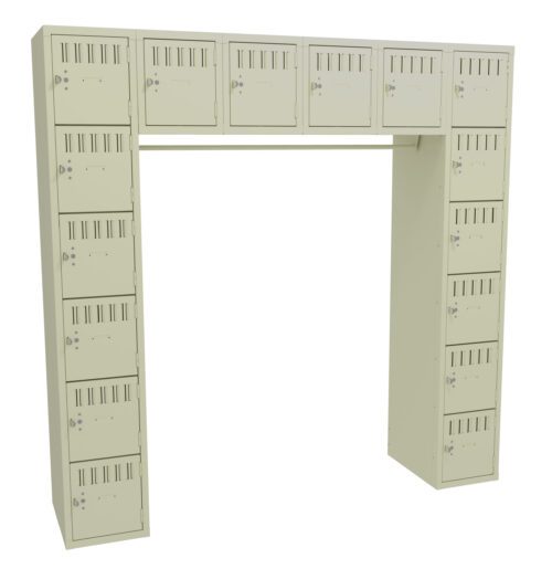 A set of beige lockers arranged in a U-shape. There are two vertical columns with multiple square compartments, connected by a horizontal row of lockers at the top. Each locker has a keyhole and a label holder.
