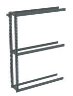 Gray metal shelving frame with four horizontal beams and two vertical supports, featuring multiple holes for adjustable shelving. The framework is designed for sturdy storage solutions and lacks the actual shelves, showing an open, empty structure.