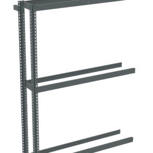 Gray metal shelving frame with four horizontal beams and two vertical supports, featuring multiple holes for adjustable shelving. The framework is designed for sturdy storage solutions and lacks the actual shelves, showing an open, empty structure.