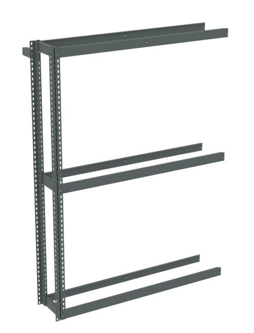 Gray metal shelving frame with four horizontal beams and two vertical supports, featuring multiple holes for adjustable shelving. The framework is designed for sturdy storage solutions and lacks the actual shelves, showing an open, empty structure.