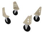 Four black and gray caster wheels with beige metal brackets are arranged in a scattered formation on a white background. The brackets are triangular with cut-out holes, supporting each wheel from above.