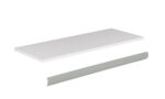 A white rectangular shelf and a separate metal mounting bracket displayed against a plain white background. The shelf is positioned above the bracket, suggesting assembly or installation.