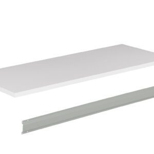 A white rectangular shelf and a separate metal mounting bracket displayed against a plain white background. The shelf is positioned above the bracket, suggesting assembly or installation.
