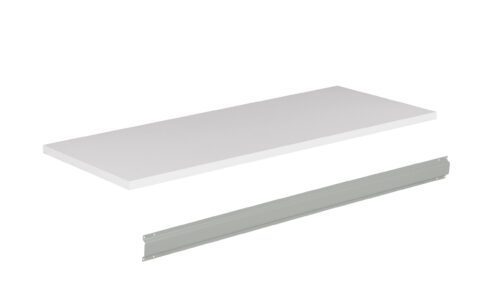 vspbgpysnaa951vblubr.jpg A white rectangular shelf and a separate metal mounting bracket displayed against a plain white background. The shelf is positioned above the bracket, suggesting assembly or installation.
