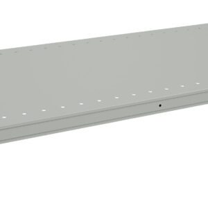 A grey metal shelf with rounded corners and multiple small holes along the edges is shown. It features mounting brackets on each corner for installation. The surface is smooth and flat, suitable for storage or industrial use.