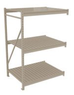 A beige metal shelving unit with three adjustable shelves, each one made of horizontal slats. The unit is designed for storage, with an open back and sides supported by vertical beams.