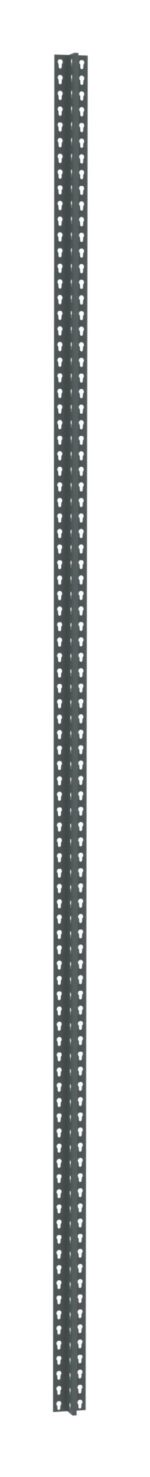 A tall, thin metal signpost with a series of evenly spaced holes running vertically along both edges. The post is gray and has a slightly reflective surface.