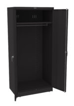 Open black metal wardrobe with one door ajar. Inside, theres a horizontal hanging rod near the top and evenly spaced small holes on the side panels for adjustable shelving. The cabinet is empty, and the exterior is plain with a simple handle.