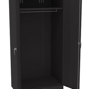 Open black metal wardrobe with one door ajar. Inside, theres a horizontal hanging rod near the top and evenly spaced small holes on the side panels for adjustable shelving. The cabinet is empty, and the exterior is plain with a simple handle.