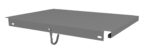 A flat, rectangular, gray metal shelf with a hook underneath. The design includes a lip on the front edge and side openings, suggesting it may attach to a structure or system. The hook allows for hanging items.