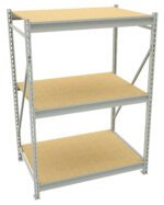 Three-tiered metal shelving unit with wooden shelves. The frame is silver, supporting three large rectangular wooden shelves. The unit is free-standing and designed for storage or organizational purposes.