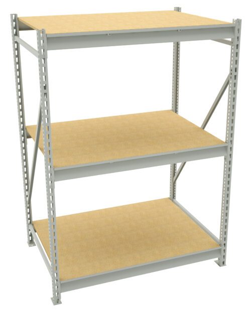 Three-tiered metal shelving unit with wooden shelves. The frame is silver, supporting three large rectangular wooden shelves. The unit is free-standing and designed for storage or organizational purposes.