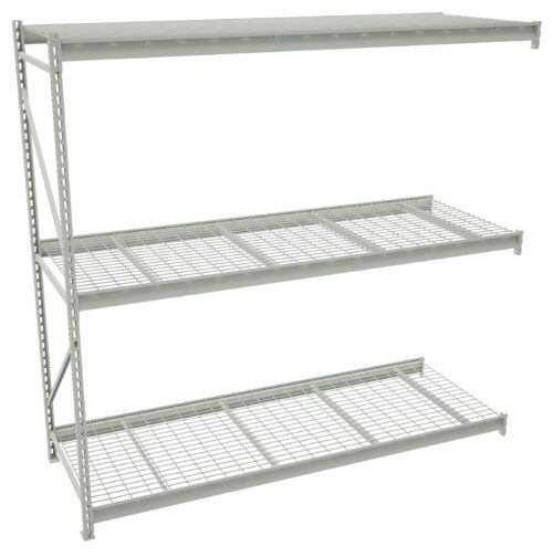 A three-tiered metal storage rack with a solid top shelf and two wire grid lower shelves, standing against a white background.