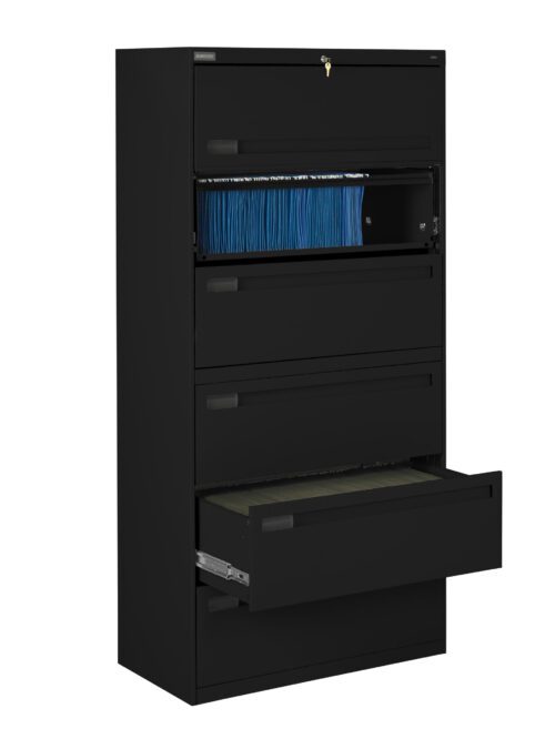 vtrklndeoqayreoswuwj.jpg Black filing cabinet with five drawers, two of which are open. The top open drawer contains blue hanging files, and the lower open drawer is empty. The cabinet is set against a white background.