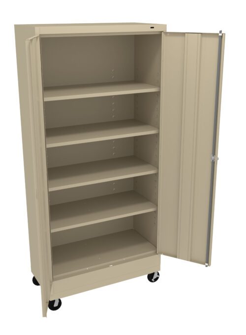 vttrlqxt7ibvrkedwfql.jpg Tall beige metal cabinet on wheels with an open door revealing five empty shelves.