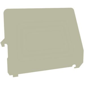 A graphic of a taupe rectangular object with rounded corners and small notches on two sides, viewed from an angle. The object appears to have raised edges and an embossed rectangular shape in the center.