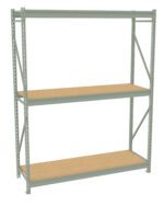 Metal storage rack with two wooden shelves. The frame is gray, featuring vertical supports with diagonal cross braces on both sides. The wooden shelves are unoccupied, showcasing the racks structure and design.