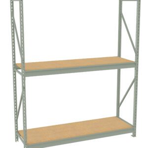 Metal storage rack with two wooden shelves. The frame is gray, featuring vertical supports with diagonal cross braces on both sides. The wooden shelves are unoccupied, showcasing the racks structure and design.