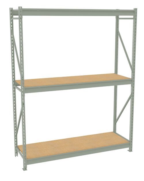 Metal storage rack with two wooden shelves. The frame is gray, featuring vertical supports with diagonal cross braces on both sides. The wooden shelves are unoccupied, showcasing the racks structure and design.