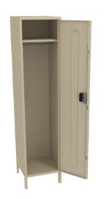 An open beige metal locker with a single compartment, featuring a hanging rod and a hook inside. The locker stands on four short legs and has ventilation slits on the door, which is slightly ajar, revealing its empty interior.