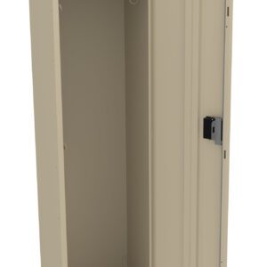 An open beige metal locker with a single compartment, featuring a hanging rod and a hook inside. The locker stands on four short legs and has ventilation slits on the door, which is slightly ajar, revealing its empty interior.