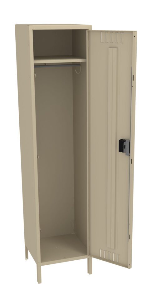 An open beige metal locker with a single compartment, featuring a hanging rod and a hook inside. The locker stands on four short legs and has ventilation slits on the door, which is slightly ajar, revealing its empty interior.