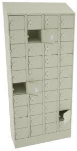 A beige metal locker unit with multiple small compartments. Some of the compartments doors are open, showing empty spaces inside. The lockers have round locks and small label slots on each door.