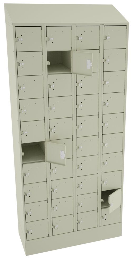 A beige metal locker unit with multiple small compartments. Some of the compartments doors are open, showing empty spaces inside. The lockers have round locks and small label slots on each door.