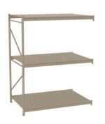 A beige metal shelving unit with three sturdy shelves. The shelves have a slatted design, supported by a framework with cross-bracing on the side. The unit is empty and designed for storage or organizational purposes.