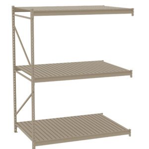 A beige metal shelving unit with three sturdy shelves. The shelves have a slatted design, supported by a framework with cross-bracing on the side. The unit is empty and designed for storage or organizational purposes.