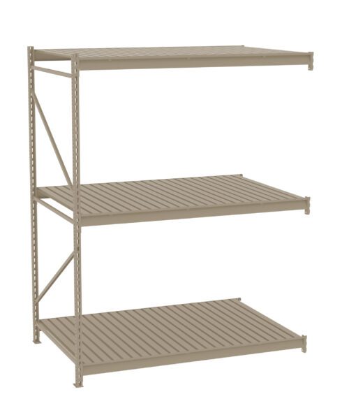 vueilmyr0rnpqids69fo.jpg A beige metal shelving unit with three sturdy shelves. The shelves have a slatted design, supported by a framework with cross-bracing on the side. The unit is empty and designed for storage or organizational purposes.
