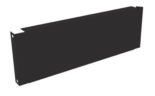 A black, rectangular blank panel with a matte finish is shown at an angle. It seems designed for mounting, with small holes on the left edge for screws. The panel is simple and unadorned, suitable for covering or securing electronic equipment or openings.