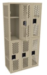 A beige metal storage unit with six lockers, featuring a diamond-patterned perforated design. One locker door is open, revealing a single shelf inside. Each locker door has a black handle.