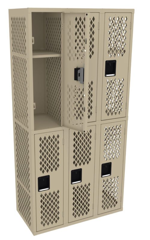 A beige metal storage unit with six lockers, featuring a diamond-patterned perforated design. One locker door is open, revealing a single shelf inside. Each locker door has a black handle.