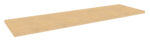 A rectangular piece of wood or particle board with a smooth, unfinished surface. The board is shown from an angled view, highlighting its thinness and elongated shape against a white background.