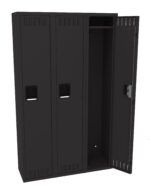 A black three-compartment metal locker, with the first and second doors closed and the third door open. The interior of the open compartment is empty, showing a shelf and a hanging rod. The locker has ventilation slots at the top and bottom.