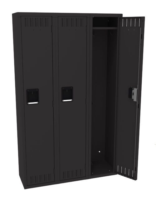 vvdbdqriwfijn8twqm6e.jpg A black three-compartment metal locker, with the first and second doors closed and the third door open. The interior of the open compartment is empty, showing a shelf and a hanging rod. The locker has ventilation slots at the top and bottom.