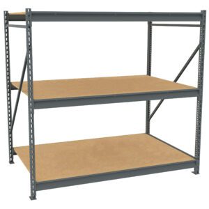 A large, freestanding metal shelving unit with three wooden shelves. The frame is dark gray, and the shelves are light brown. The unit has support beams at the back and sides.