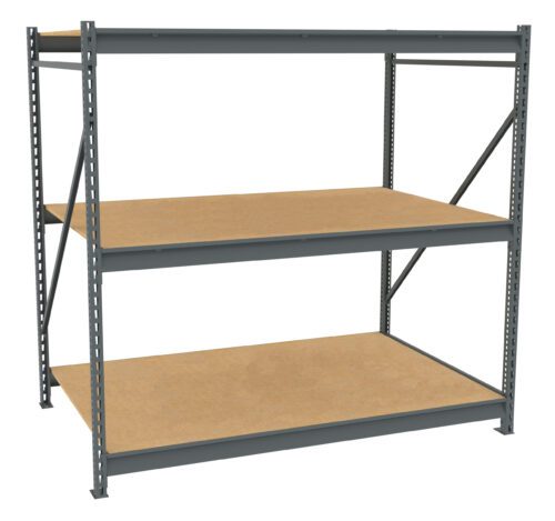 A large, freestanding metal shelving unit with three wooden shelves. The frame is dark gray, and the shelves are light brown. The unit has support beams at the back and sides.