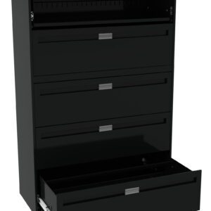Black metal file cabinet with five drawers, all open. The top drawer is slim, and the others are deeper, designed for file storage. Each drawer has a silver handle, and the cabinet stands upright, showcasing its storage capacity.