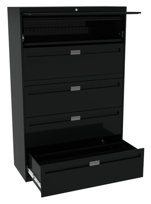 Black metal file cabinet with five drawers, all open. The top drawer is slim, and the others are deeper, designed for file storage. Each drawer has a silver handle, and the cabinet stands upright, showcasing its storage capacity.