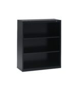 A black metal bookshelf with two adjustable shelves and a flat top, suitable for storing books or decorative items. The design is simple and modern, with a smooth finish. The bookshelf is standing alone against a white background.